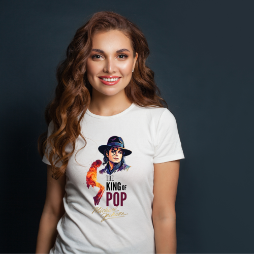 Koszulka Michael Jackson King of Pop – kolorowa grafika Króla Popu w kapeluszu z taneczną sylwetką i napisem The King of Pop