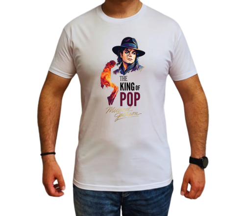 Koszulka Michael Jackson King of Pop – kolorowa grafika Króla Popu w kapeluszu z taneczną sylwetką i napisem The King of Pop