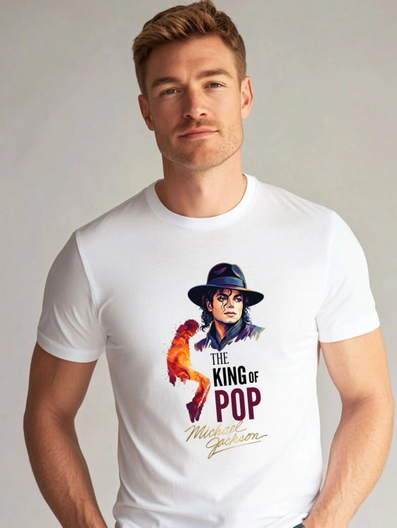 Koszulka Michael Jackson King of Pop – kolorowa grafika Króla Popu w kapeluszu z taneczną sylwetką i napisem The King of Pop
