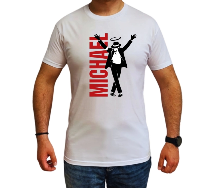 Grafika Michael Jackson na koszulkę – sylwetka Króla Popu w czarnym kapeluszu i charakterystycznej pozie tanecznej, czerwony napis MICHAEL