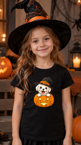 Koszulka dziecięca na Halloween z uroczym białym pieskiem w kapeluszu czarownicy wyglądającym z pomarańczowej dyni