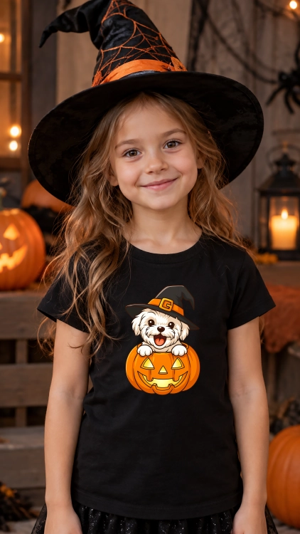 Koszulka dziecięca na Halloween z uroczym białym pieskiem w kapeluszu czarownicy wyglądającym z pomarańczowej dyni