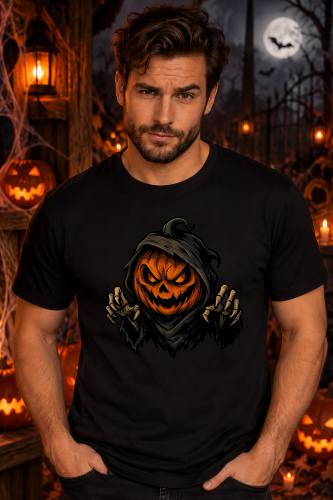 Koszulka na Halloween z mroczną dynią w czarnym kapturze, przerażającym uśmiechem i kościstymi dłońmi – upiorny nadruk halloweenowy