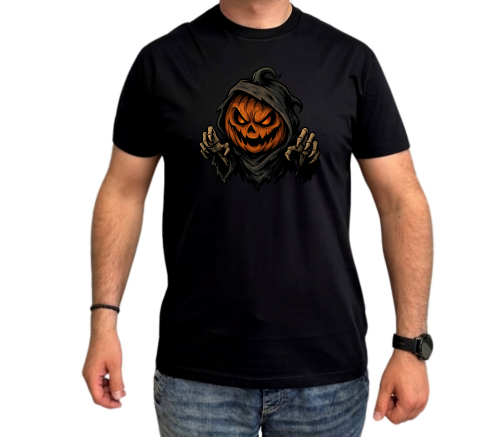 Koszulka na Halloween z mroczną dynią w czarnym kapturze, przerażającym uśmiechem i kościstymi dłońmi – upiorny nadruk halloweenowy