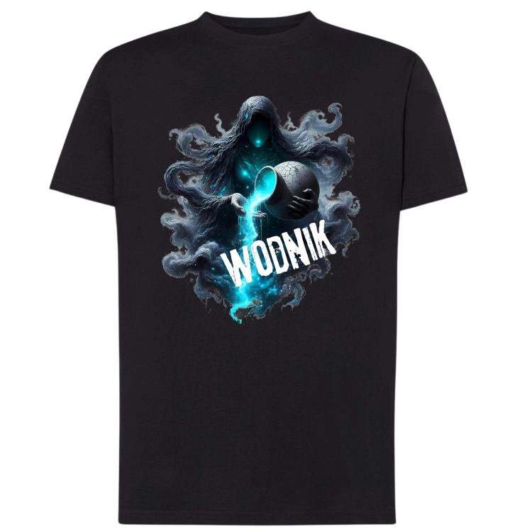 Koszulka męska Wodnik znak zodiaku Dark Fantasy czarna z tajemniczą postacią i magiczną wodą