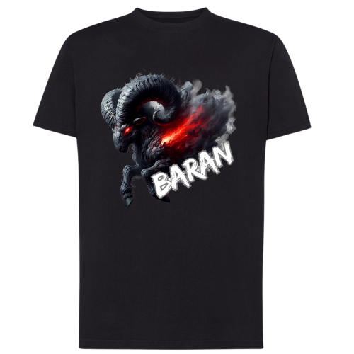 Koszulka męska Baran znak zodiaku Dark Fantasy czarna z ognistym baranem czerwonymi oczami i dymem