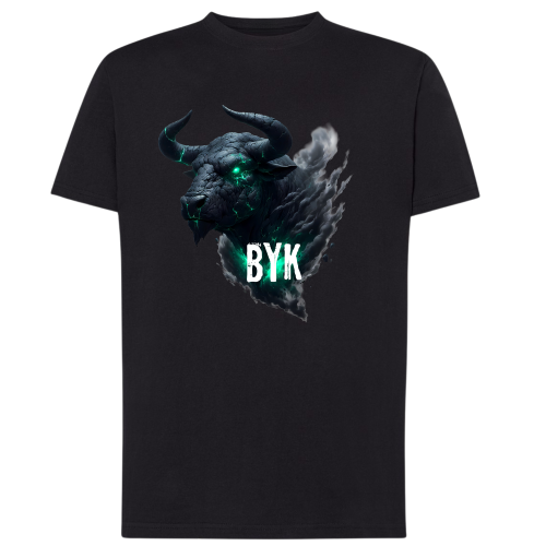 Koszulka męska Byk znak zodiaku Dark Fantasy czarna z potężnym bykiem kamienną skórą i zielonymi oczami