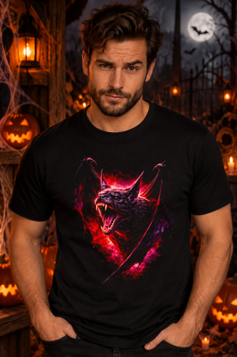 Koszulka na Halloween z mrocznym nietoperzem, rozpostartymi skrzydłami i ostrymi kłami – czerwono-fioletowa grafika w stylu horror