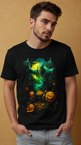 Koszulka na Halloween z mrocznym zielonym duchem, strasznymi dyniami i nietoperzami – upiorna grafika halloweenowa