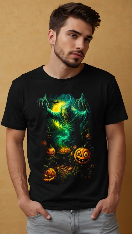 Koszulka na Halloween z mrocznym zielonym duchem, strasznymi dyniami i nietoperzami – upiorna grafika halloweenowa