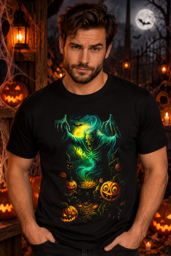 Koszulka na Halloween z mrocznym zielonym duchem, strasznymi dyniami i nietoperzami – upiorna grafika halloweenowa