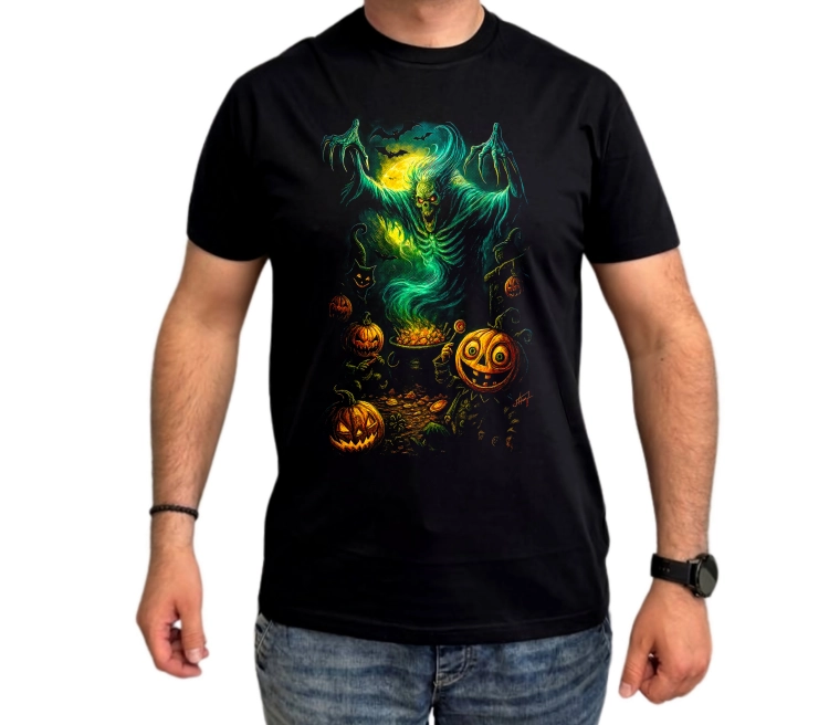 Koszulka na Halloween z mrocznym zielonym duchem, strasznymi dyniami i nietoperzami – upiorna grafika halloweenowa