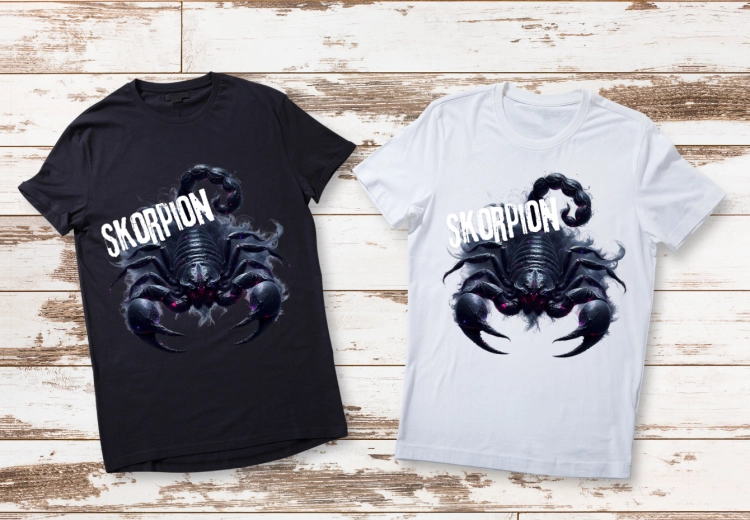 Koszulka damska Skorpion znak zodiaku Dark Fantasy czarna z pancernym skorpionem fioletowymi akcentami i dymem