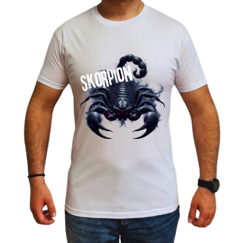 Koszulka męska Skorpion znak zodiaku Dark Fantasy czarna z wielkim skorpionem szczypcami i fioletowymi detalami