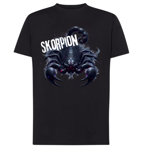 Koszulka męska Skorpion znak zodiaku Dark Fantasy czarna z wielkim skorpionem szczypcami i fioletowymi detalami