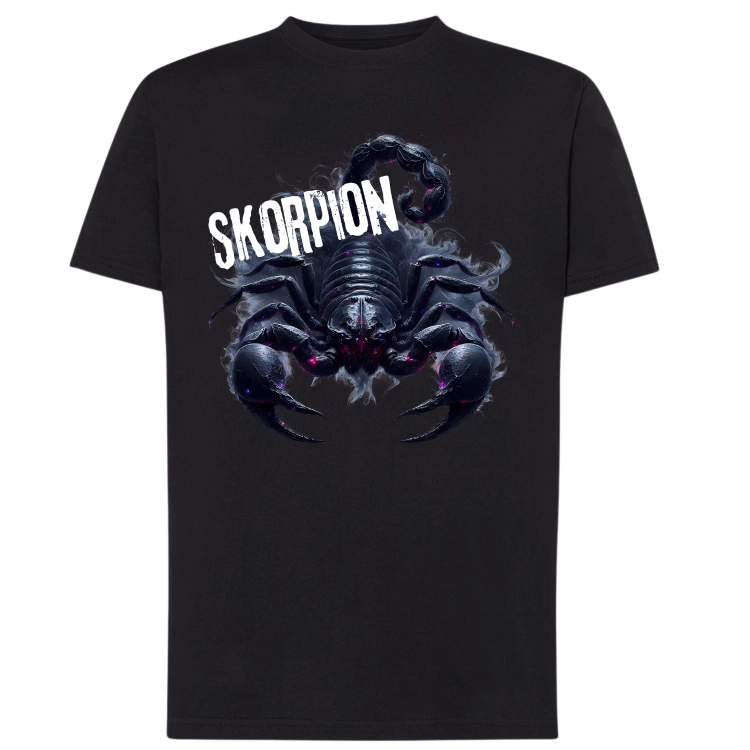 Koszulka męska Skorpion znak zodiaku Dark Fantasy czarna z wielkim skorpionem szczypcami i fioletowymi detalami