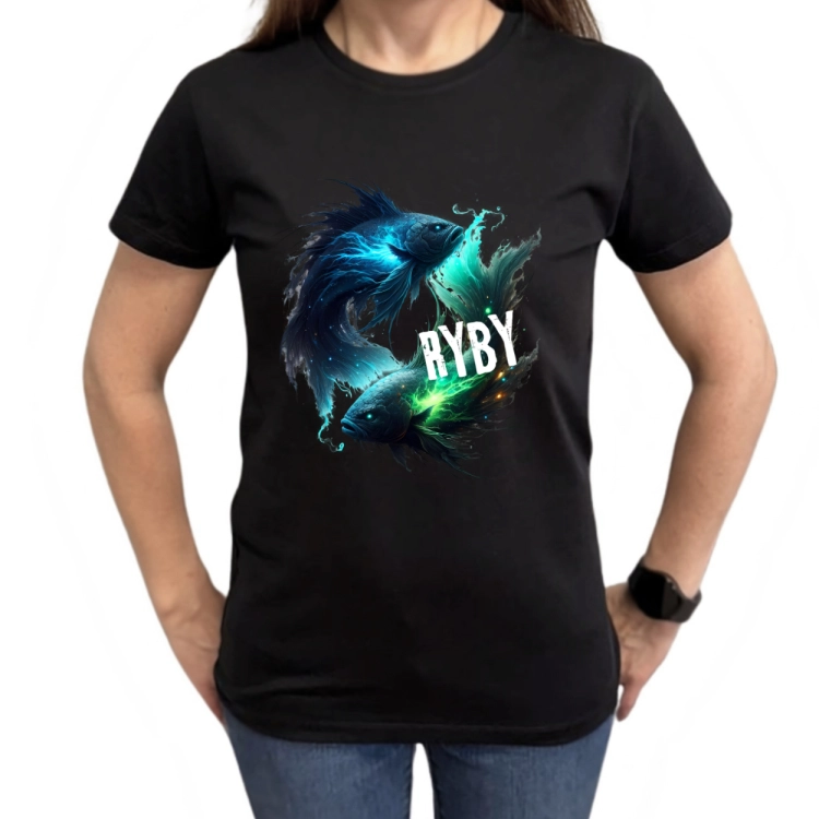 Koszulka damska Ryby znak zodiaku Dark Fantasy dwie magiczne ryby w kolorach niebieskim i zielonym na czarnej koszulce