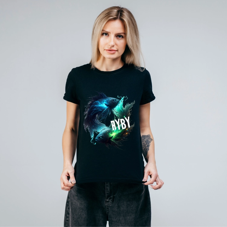 Koszulka damska Ryby znak zodiaku Dark Fantasy dwie magiczne ryby w kolorach niebieskim i zielonym na czarnej koszulce