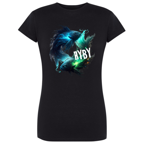 Koszulka damska Ryby znak zodiaku Dark Fantasy dwie magiczne ryby w kolorach niebieskim i zielonym na czarnej koszulce