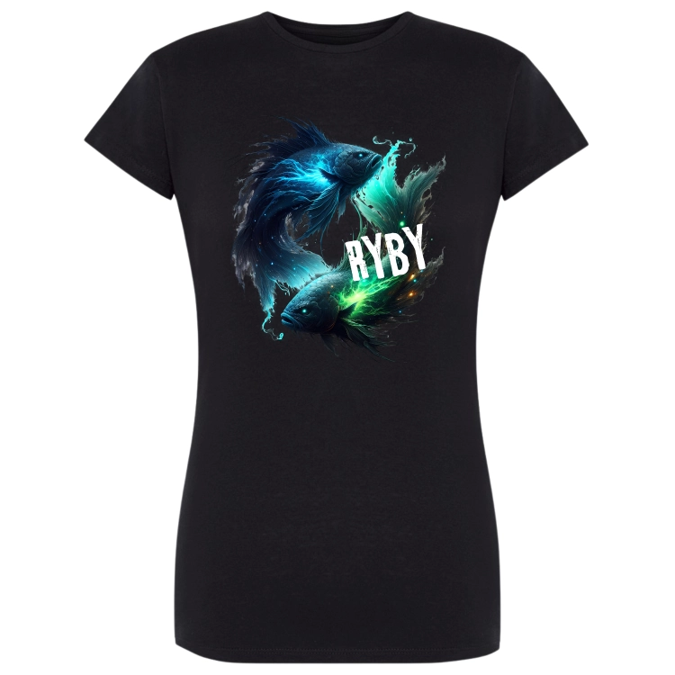 Koszulka damska Ryby znak zodiaku Dark Fantasy dwie magiczne ryby w kolorach niebieskim i zielonym na czarnej koszulce