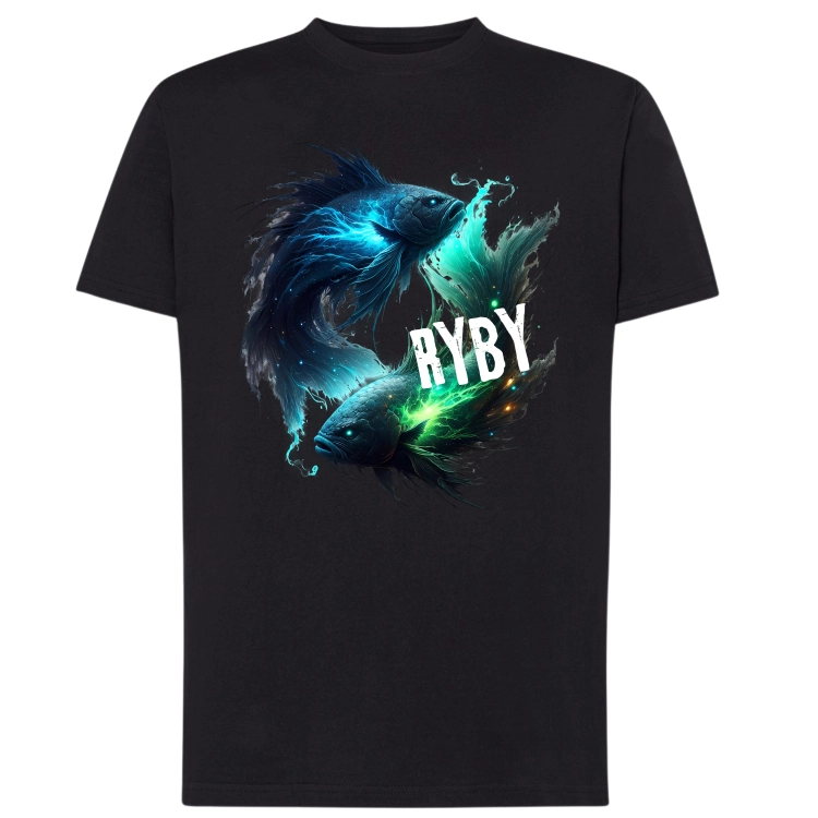 Koszulka męska Ryby znak zodiaku Dark Fantasy dwie mistyczne ryby niebiesko zielone z efektem magicznej energii