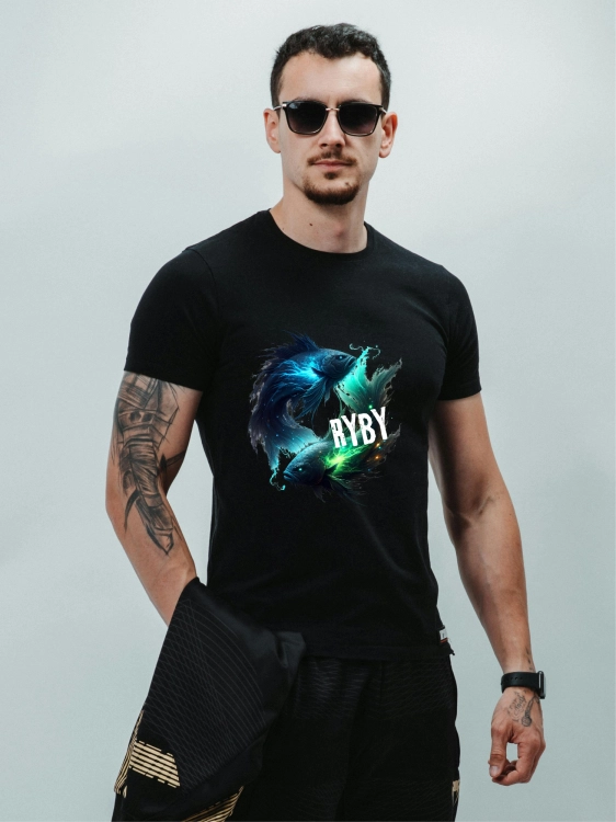Koszulka męska Ryby znak zodiaku Dark Fantasy dwie mistyczne ryby niebiesko zielone z efektem magicznej energii