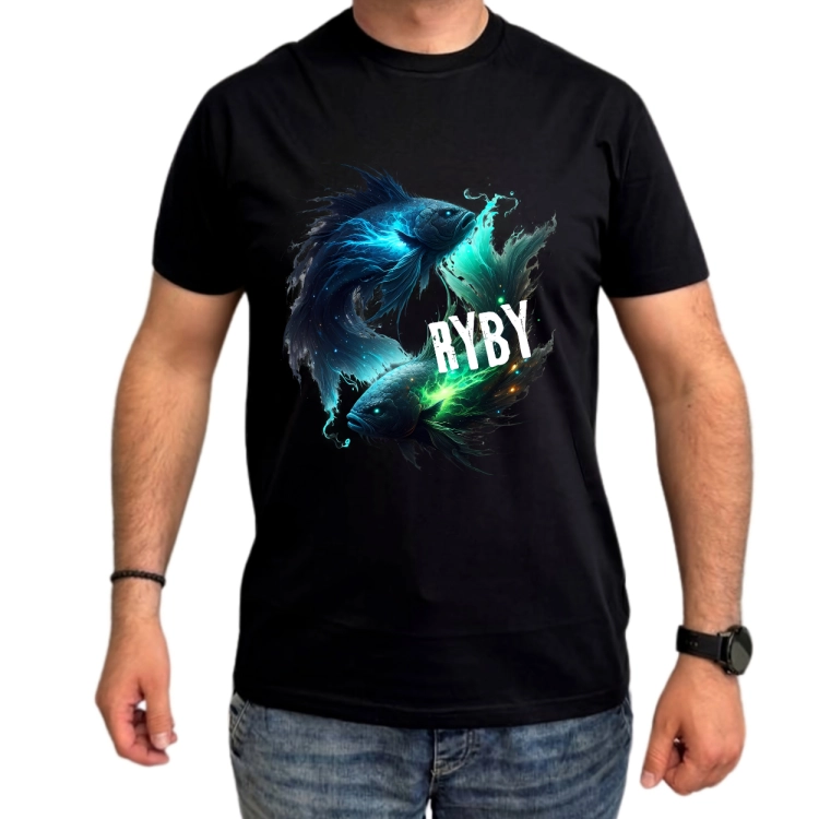 Koszulka męska Ryby znak zodiaku Dark Fantasy dwie mistyczne ryby niebiesko zielone z efektem magicznej energii