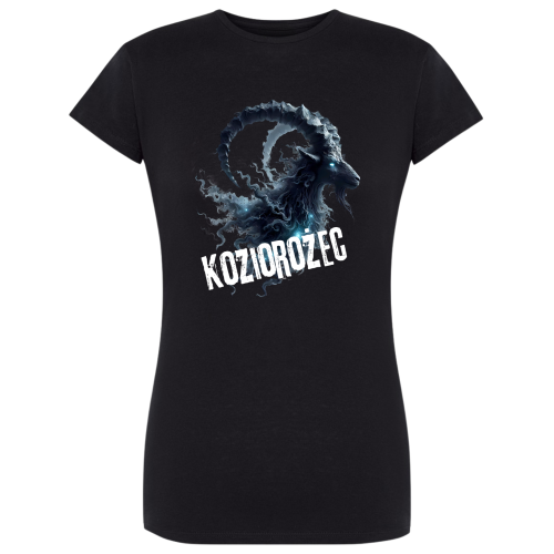 Koszulka damska Koziorożec znak zodiaku Dark Fantasy mroczny koziorożec z wielkimi rogami i błękitnymi oczami na czarnej koszulce