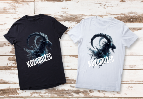 Koszulka męska Koziorożec znak zodiaku Dark Fantasy mroczny rogaty koziorożec z niebieskim świecącym okiem i białym napisem