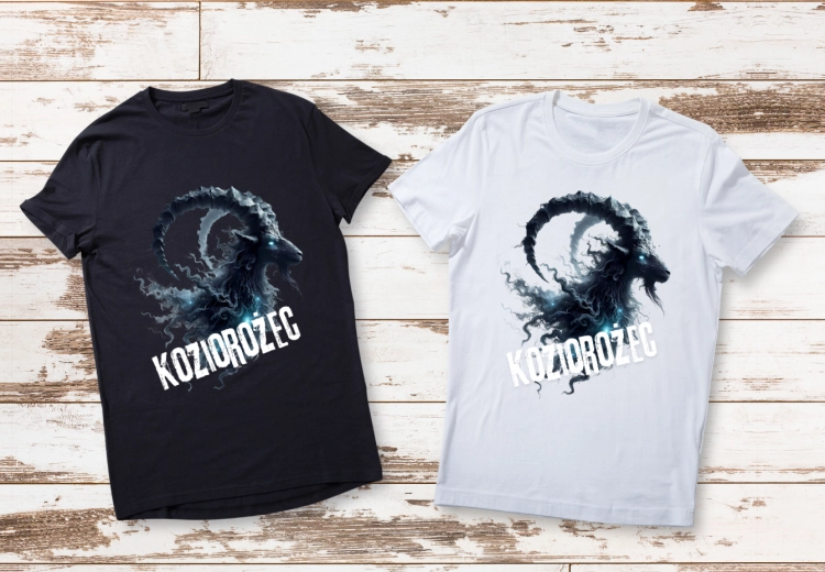 Koszulka męska Koziorożec znak zodiaku Dark Fantasy mroczny rogaty koziorożec z niebieskim świecącym okiem i białym napisem