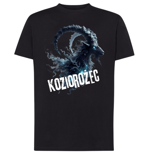 Koszulka męska Koziorożec znak zodiaku Dark Fantasy mroczny rogaty koziorożec z niebieskim świecącym okiem i białym napisem