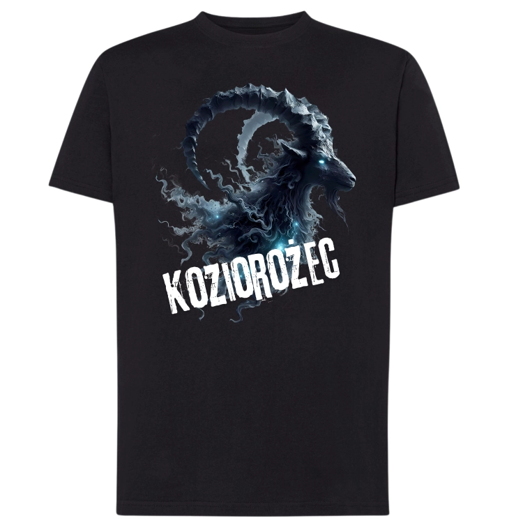 Koszulka męska Koziorożec znak zodiaku Dark Fantasy mroczny rogaty koziorożec z niebieskim świecącym okiem i białym napisem
