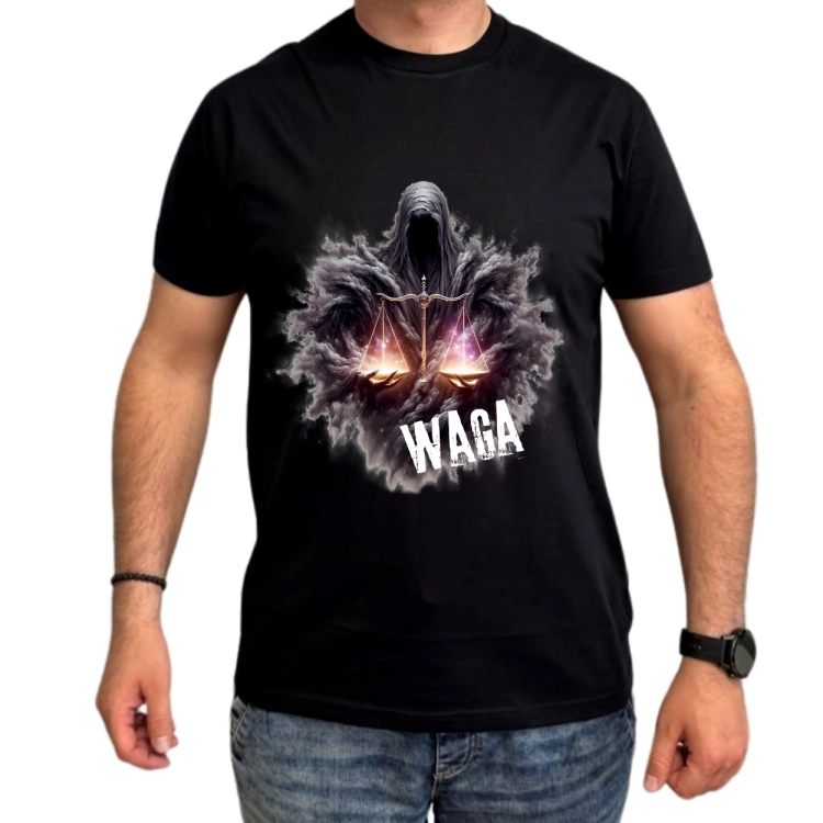 Koszulka męska Waga znak zodiaku Dark Fantasy mroczna zakapturzona postać trzymająca świecącą wagę na czarnej koszulce