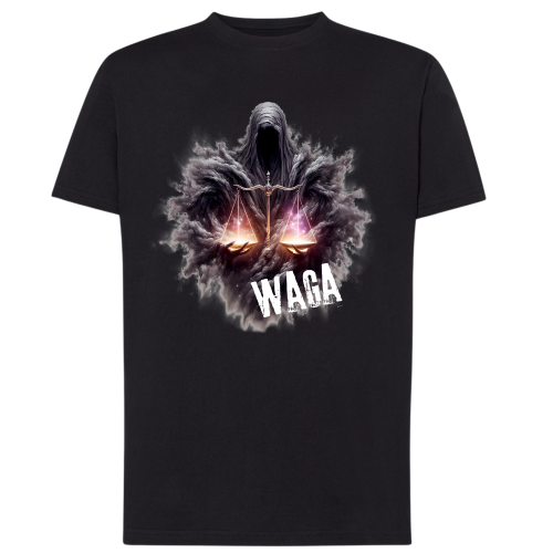 Koszulka męska Waga znak zodiaku Dark Fantasy mroczna zakapturzona postać trzymająca świecącą wagę na czarnej koszulce