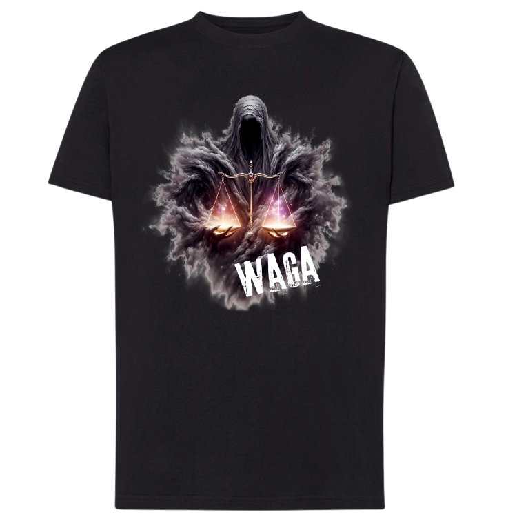 Koszulka męska Waga znak zodiaku Dark Fantasy mroczna zakapturzona postać trzymająca świecącą wagę na czarnej koszulce