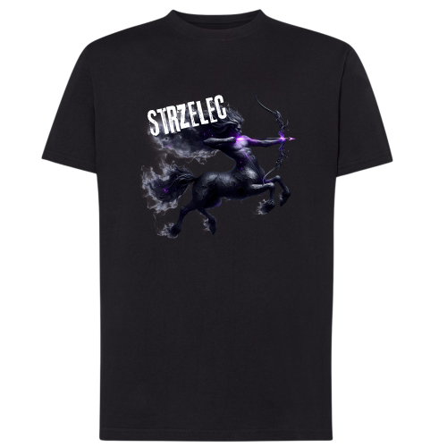 Koszulka męska Strzelec znak zodiaku Dark Fantasy mroczny centaur łucznik z fioletową strzałą na czarnej koszulce