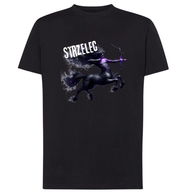 Koszulka męska Strzelec znak zodiaku Dark Fantasy mroczny centaur łucznik z fioletową strzałą na czarnej koszulce