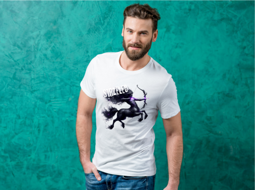 Koszulka męska Strzelec znak zodiaku Dark Fantasy mroczny centaur łucznik z fioletową strzałą na czarnej koszulce