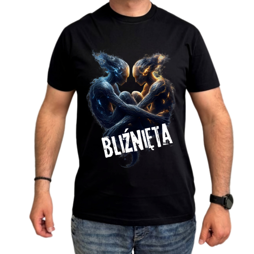 Koszulka męska Bliźnięta znak zodiaku Dark Fantasy dwie splecione postacie z błękitną i złotą energią na czarnej koszulce