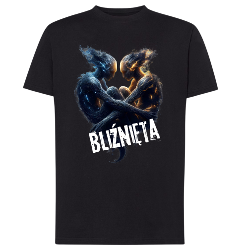 Koszulka męska Bliźnięta znak zodiaku Dark Fantasy dwie splecione postacie z błękitną i złotą energią na czarnej koszulce