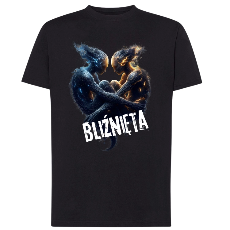 Koszulka męska Bliźnięta znak zodiaku Dark Fantasy dwie splecione postacie z błękitną i złotą energią na czarnej koszulce