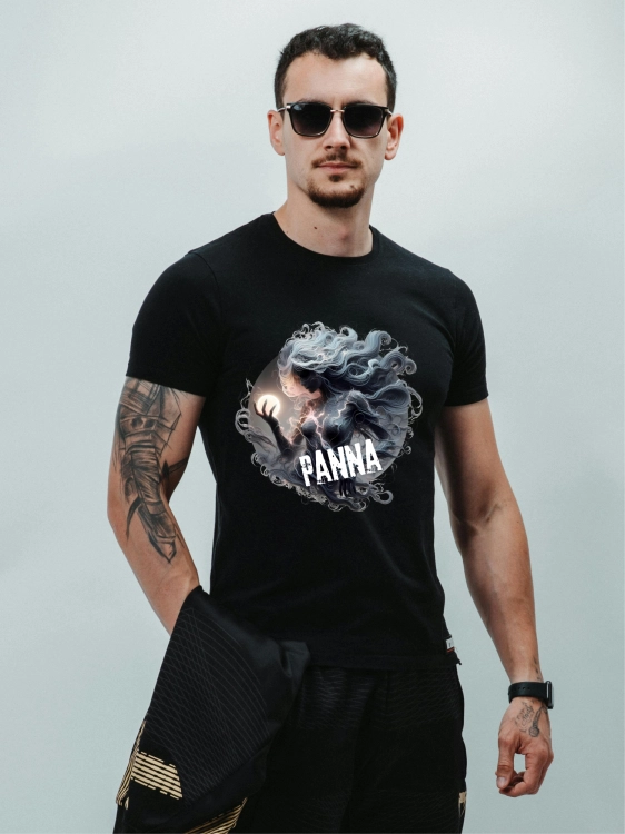 Koszulka męska Panna znak zodiaku Dark Fantasy mistyczna czarodziejka ze srebrzystymi włosami i świecącą kulą na czarnej koszulce