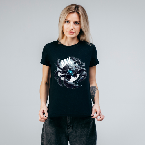 Koszulka damska Rak znak zodiaku Dark Fantasy mroczny krab z błękitną energią i księżycem na czarnym tle
