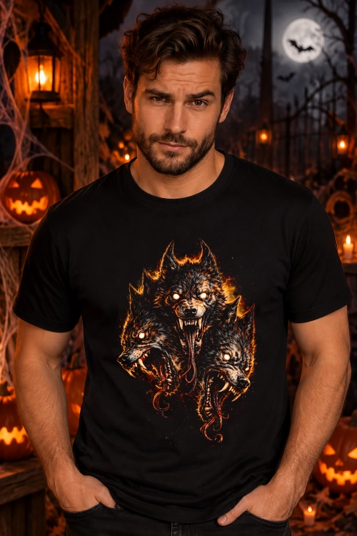 Koszulka na Halloween z trójgłowym wilkołakiem, świecącymi oczami i ostrymi kłami – mroczna grafika horror w ognistych kolorach