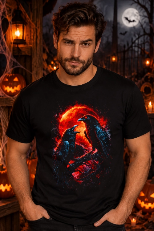 Koszulka na Halloween z dwoma czarnymi krukami i czerwonym krwawym księżycem – mroczna grafika w stylu gotyckim