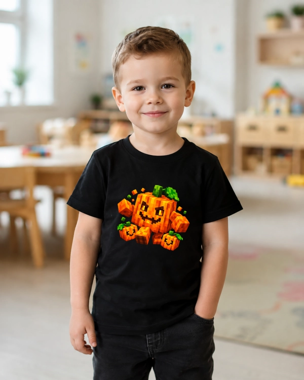 Koszulka dziecięca na Dzień Dyni z wesołymi pomarańczowymi dyniami w stylu pixel art