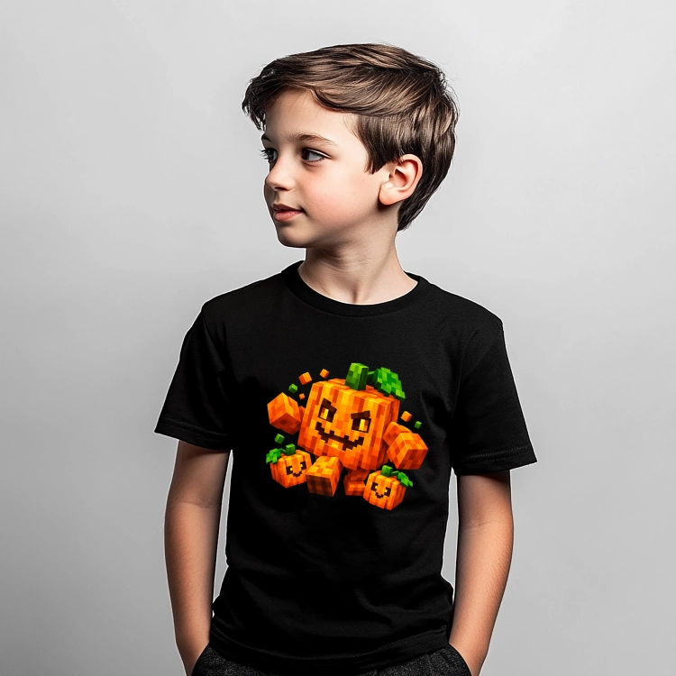 Koszulka dziecięca na Dzień Dyni z wesołymi pomarańczowymi dyniami w stylu pixel art