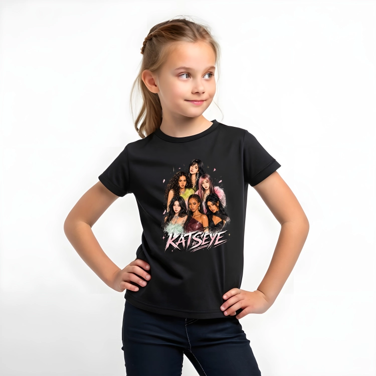 Koszulka dziecięca dla dziewczynki KATSEYE z kolorowym nadrukiem sześciu dziewczyn w stylu komiksowym, inspirowana muzyką K-pop