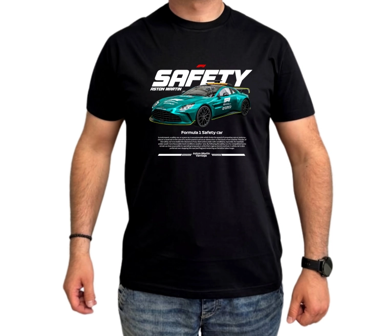 Czarna koszulka męska Aston Martin Safety Car F1 z zielonym samochodem bezpieczeństwa