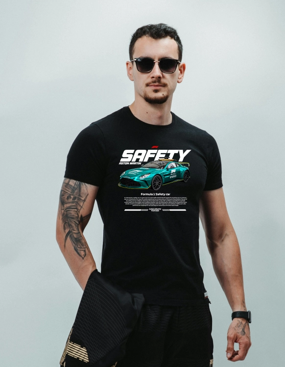 Czarna koszulka męska Aston Martin Safety Car F1 z zielonym samochodem bezpieczeństwa